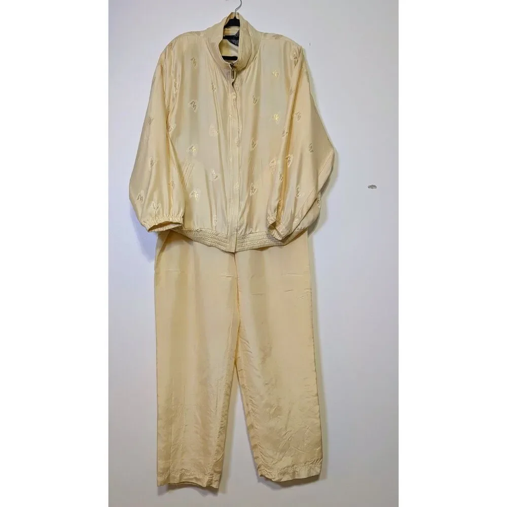 Vintage 90s Silk Butterfly Tracksuit Set Champagne Boho Luxe Size L Pale Yellow - Picture 2 of 15